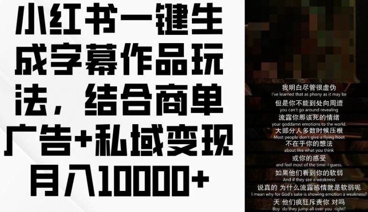 小红书一键生成字幕作品玩法，结合商单广告+私域变现月入1w+【揭秘】-网创电课网