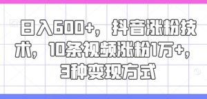 日入600+，抖音涨粉技术，10条视频涨粉1万+，3种变现方式【揭秘】-网创电课网