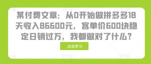 某付费文章:从0开始做拼多多18天收入86600元,客单价600块稳定日销过万,我都做对了什么?-网创电课网