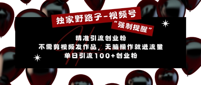 独家野路子利用视频号“强制提醒”,不需剪视频发作品,无脑操作就进流量,单日引流100+创业粉-网创电课网