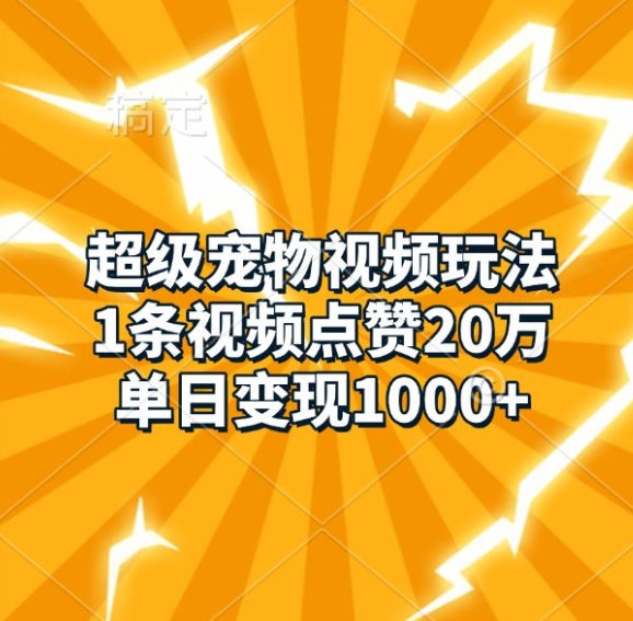 超级宠物视频玩法，1条视频点赞20万，单日变现1k-网创电课网