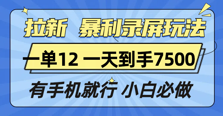 拉新暴利录屏玩法,一单12块,一天到手7500,有手机就行-网创电课网