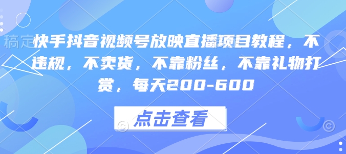 快手抖音视频号放映直播项目教程，不违规，不卖货，不靠粉丝，不靠礼物打赏，每天200-600-网创电课网