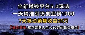全新赚钱平台3.0玩法一天精准引流创业粉1000.7天被动躺Z收益21W【仅揭秘】-网创电课网